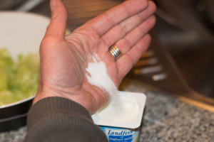 Eine Hand voll Salz in Joghurt